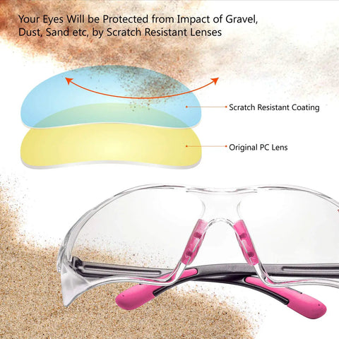 Cross-section of scratch-resistant lenses with pink Women Safety Glasses With Anti Fog Lenses HD Clear Scratch Resistant Protective Eyewear.