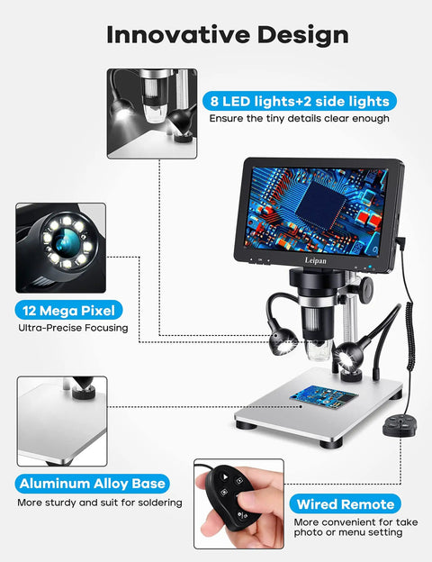 7 Inch LCD Digital Microscope With Screen 1200X Magnification 12MP Coin Microscope For 1080P Images And Videos Rotatable HD Display Easy Setup For Hobbyists DIYers And Classroom Tech Enthusiasts, aluminum alloy base, LED lights