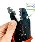 Professional Ratcheting Wire Crimping Tool For Electrical Connectors And Terminals, 5 In 1 Multi Purpose Crimping Set in hand close-up