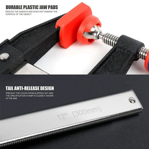 Two Piece 12 Inch Steel Bar Clamps With Reinforced Heavy Duty Bodies And Six Hundred Pound Jaw Capacity Built Like A Badass Workhorse For Woodworking Carpentry And Pro Diy Crews Needing Zero Slippage Grip detailed with durable plastic jaw pads and anti-release design.