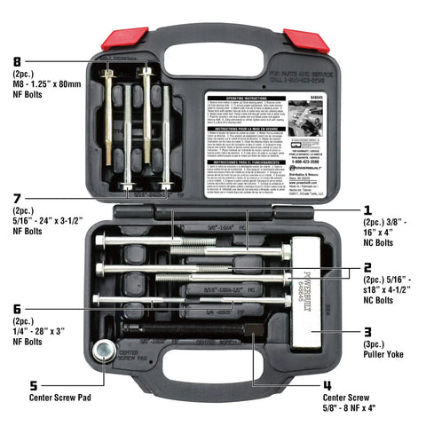 Open storage case displaying Beefy Heavy Duty Steering Wheel Puller Tool Set With Storage Case For Most Domestic And Imported Vehicles, 14 Pcs Kit Includes Yoke, Center Screw Pad Tip, And Side Tools For Pulling Wheels With Tapped Holes