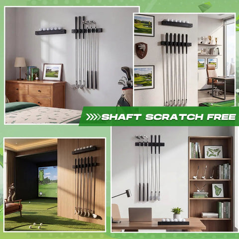Collage of Two Pack Wall Mounted Golf Club Display Rack And Ball Display Case Set in home and office settings