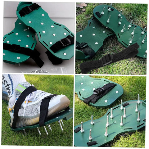 16 Piece Lawn Aerator Shoes Straps With A Workhorse Heavy Duty Garden Spikes For Lawn Care boots on grass