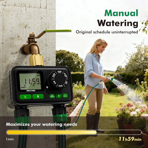 Two Zone Sprinkler Timer For Outdoor Hose Faucet With Brass Inlet And Large Dial Programmable Watering displayed
