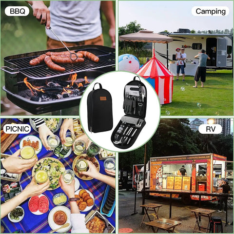Ultimate Outdoor Camp Kitchen Utensils Set With Fork Spoon Knife Cutting Board Spatula Scissors Corkscrew Pepper Shaker Kebabs And Dope Storage Bag for BBQ Camping Picnic RV