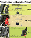 Instructions for oil filling and brake pad fixing holes for LD-200, LD-200plus, and LD-210 models on hydraulic brakes.