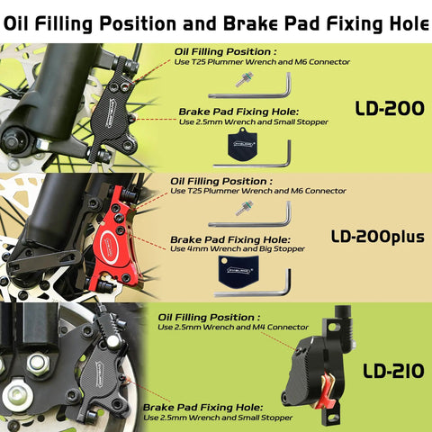Instructions for oil filling and brake pad fixing holes for LD-200, LD-200plus, and LD-210 models on hydraulic brakes.