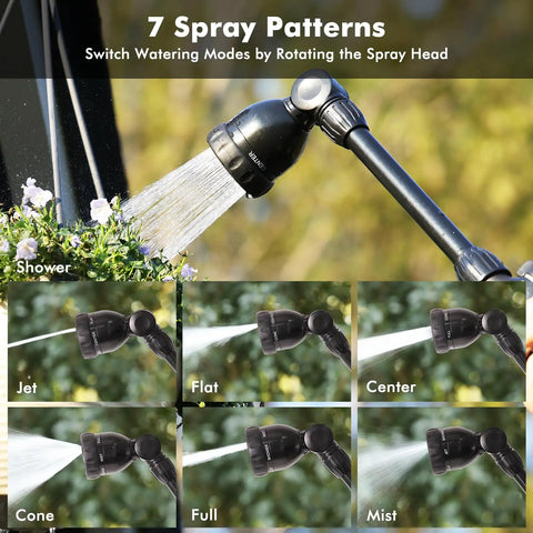 Heavy Duty Metal Hose Wand Sprayer For Garden Hose 16 Inch Zinc Alloy Watering Wand With Built To Last Bronze Finish TPU Coated Dial Easy Grip Tough As Nails Shock Resistant For Daily Yard Work And Reliable Watering, 7 spray patterns shown