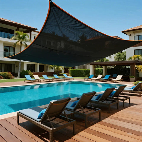 Shade Cloth 70 Percent, 20x20 Ft Heavy Duty Durable Mesh Tarp with Grommets installed over pool area providing shade and cooling.