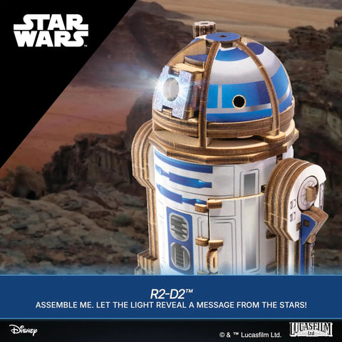 R2 D2 3D Wooden Puzzle Kit For Adults With Moving Parts And LED Projection Light close-up of top section with LED light.