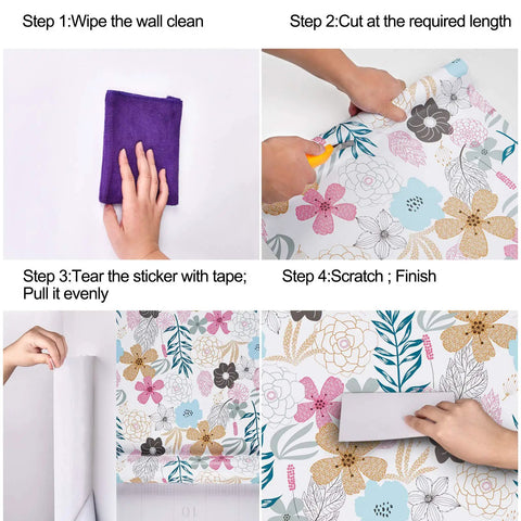 Installation steps of Floral Peel And Stick Wallpaper With Perennial Blooms Self Adhesive And Removable Vinyl Waterproof For Bathroom And Cabinets 17.71 Inches By 118 Inches Totally Easy To Install And Reposition No Residue
