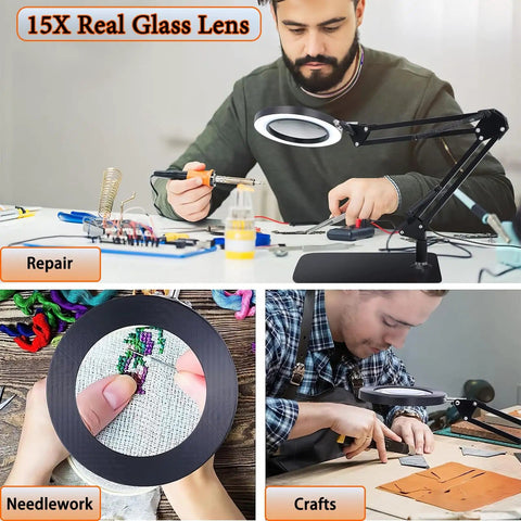 Person using 15X Magnifying Glass Lamp With Clamp And Stand, 72 LED Desk Light for crafting and repair work at a desk