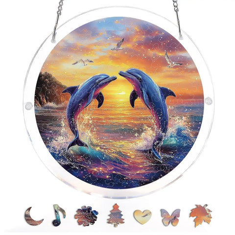 Vivid Tree Of Life Acrylic Sun Catcher Puzzle Kit with leaping dolphins and sunset design, 7.4 inch double-sided acrylic