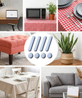 No Sweat Heavy Duty Self Adhesive Furniture Sliders for Carpet and Hardwood Floors displayed with various home items.