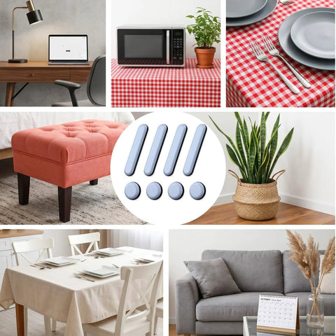 No Sweat Heavy Duty Self Adhesive Furniture Sliders for Carpet and Hardwood Floors displayed with various home items.