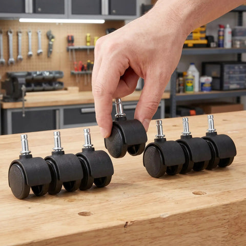 Hand holding a 1.5 inch tough nylon stem swivel caster from an 8 pack of casters for utility dolly and bin rigs.