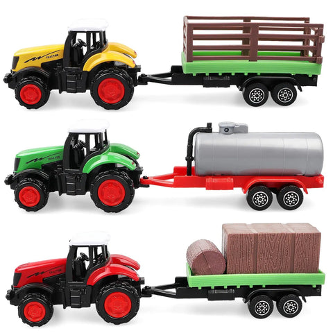 3 Pack Farm Tractor Toys With Trailers Diecast Alloy Tractors And Trucks For Kids Great Gift For Toddlers Boys Ages 3 To 8 Includes Detachable Trailers Push And Go Playset And Cake Topper Friendly Farm Toy Set, featuring yellow, green, and red tractors with trailers for imaginative play.