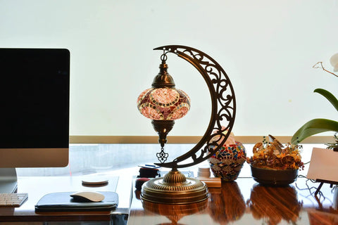 Turkish Mosaic Moon Shape Table Lamp Handmade Crescent Glass Mosaic Night Light With Antique Bronze Base on desk
