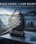 Portable Camping Fan With Light And Remote on a camping table, showing LED lights, oscillating blades, and charging phone