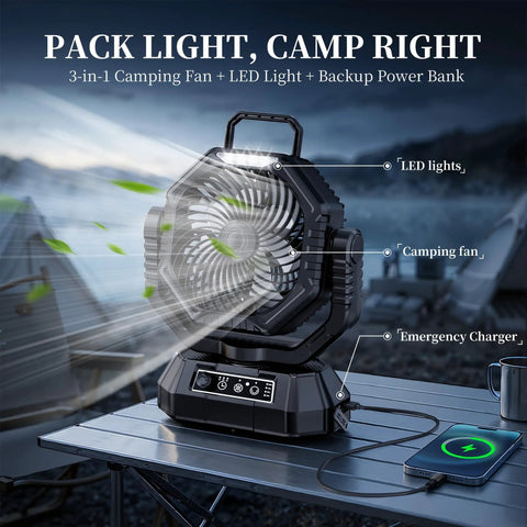 Portable Camping Fan With Light And Remote on a camping table, showing LED lights, oscillating blades, and charging phone