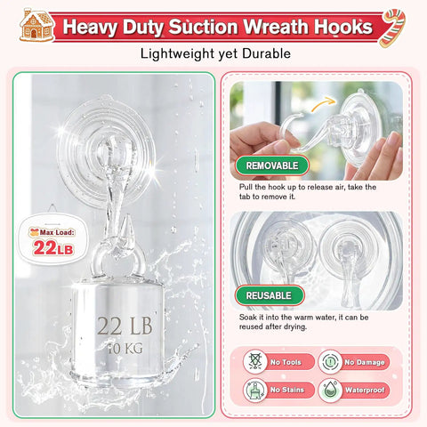 Heavy Duty Suction Wreath Hanger With Wipes Included, 22 Pound Capacity Large Clear Display Hook For Front Doors, Hella Strong Locking Base That Stays Planted Without Leaving Any Stubborn Residue