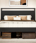 Modern Queen Bed Frame With Solid Wood Headboard And Metal Platform Base, Sturdy Industrial Style Sleeper, bedding and pillows arranged neatly