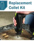 Two Pack Replacement Collet Kit Fits CN1 And Dewalt Spiral Saws And Drywall Cut Out Tools Five Thirty Second Inch Gold Finish Durable Metal Collet Parts For Easy Bit Changes And Secure Fit Go To Upgrade visible with tool in use on tile surface.