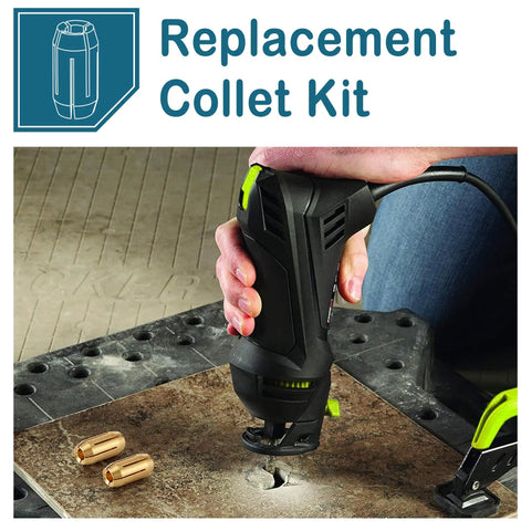 Two Pack Replacement Collet Kit Fits CN1 And Dewalt Spiral Saws And Drywall Cut Out Tools Five Thirty Second Inch Gold Finish Durable Metal Collet Parts For Easy Bit Changes And Secure Fit Go To Upgrade visible with tool in use on tile surface.