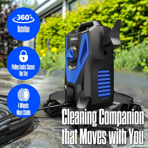 Badass 4800 PSI Electric Pressure Washer with 4 Quick Connect Nozzles and Foam Cannon to Kick Some Dirt from Cars and Driveways while Crushing Grime on Patios Featuring Multi Purpose Outdoor Cleaning Made Super Simple with four wheels for stability.