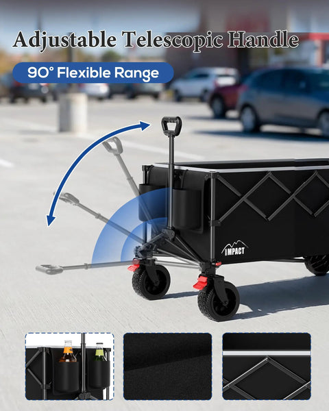 47 Inch Collapsible Wagon Cart With Mega 300 Liter Capacity showing adjustable telescopic handle and 90° flexible range