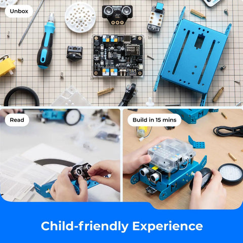 MBot Arduino Robot Kit With Scratch Coding Box For Kids Ages 8 To 12 Learn To Code With Block Based Games And Fun Projects A Hands On STEM Toy To Build Tinker And Master Creative Tech Skills. Blue metal robot kit parts and assembled car