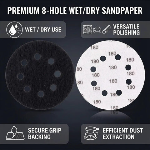 Grab 200 Count Of These Killer 5 Inch Sanding Discs With 8 Holes For Your Orbital Sander showing two types of 8-hole sandpaper discs.