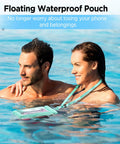 Couple in pool using Floatable Waterproof Phone Pouch 2 Pack For Up To 7.0 Inch Devices IPX8 Seal With Easy Snap Lock