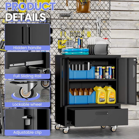Heavy Duty Metal Garage Storage Cabinet On Wheels With Lockable Drawer And Shelves in workshop setting.