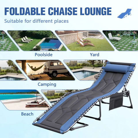 Blue 4 Fold Padded Portable Outdoor Chaise Lounge Chair With Pillow And Side Pocket at yard, pool, camping site, and beach.