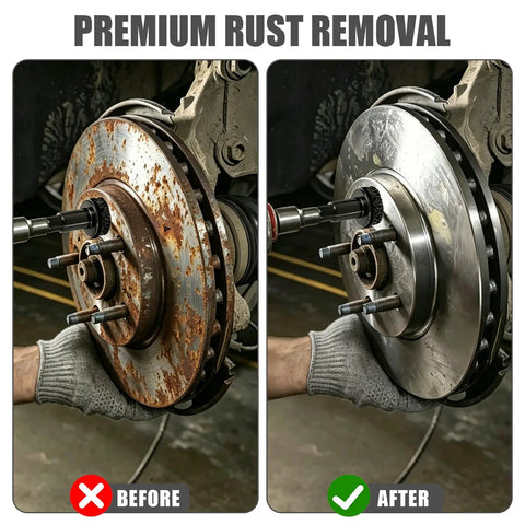 Before and after of rust removal using Heavy Duty Wheel Hub Resurfacing Kit For Lug Studs And Brake Rotors.