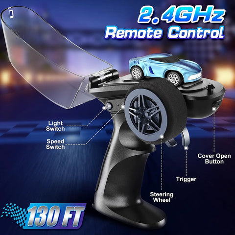 One Sixty Fourth Scale Drift RC Car 4WD With LED Lights And Speed Switch, remote control, blue mini car on black controller