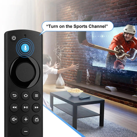 Remote Control For Fire TV Stick Lite And 4K Smart TV Sticks And Cubes With Voice Control No-Fuss Setup next to hockey scene on TV