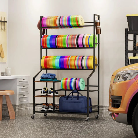 Five Tier Disc Golf Storage Rack With Angled Shelves And Hooks On Wheels in garage, organizing discs, bags, shoes.