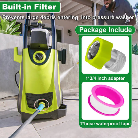 Three Quarter Inch Garden Hose Adapter For Pressure Washer Hoses, shown with tape next to a pressure washer.