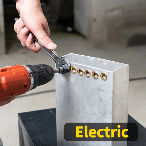 Rock Solid M10 Rivet Nuts Paired With A Durable Hand Rivet Tool Kit And Manual Rivnut Installer For Straightforward Hex Fastener Mounting - Electric drill and wrenches used on aluminum sheet.