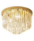 Lit French Gold Crystal Chandelier Ceiling Light 16 Inch Semi Flush Mount with Five Lights, three-tier crystal design