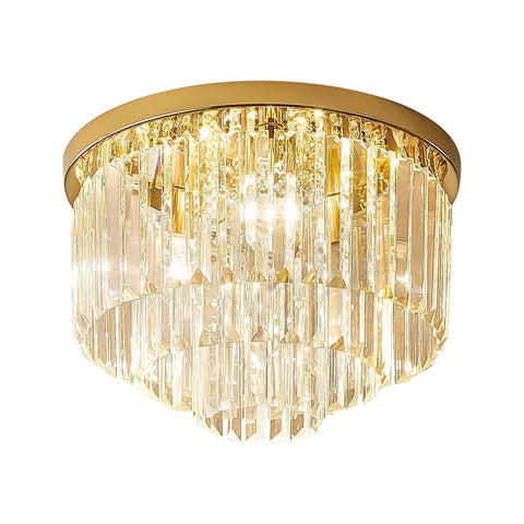 Lit French Gold Crystal Chandelier Ceiling Light 16 Inch Semi Flush Mount with Five Lights, three-tier crystal design