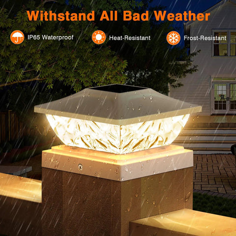 Six Pack Solar Post Cap Lights For Outdoor Fence And Deck With Two Color Modes Cool White And Warm White Waterproof Solar Powered Post Caps For 4x4 4.5x4.5 And 5x5 Posts Garden Decor Dope illuminated at night in rain