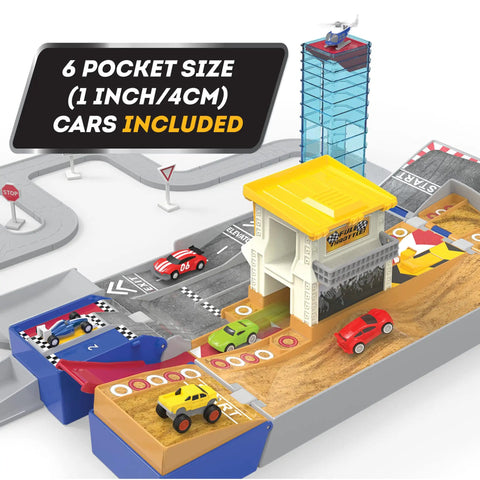 Collapsible Racetrack Playset With 6 Mini Cars, 84-Piece Track Kit, featuring race track, cars, and auto shop structure.