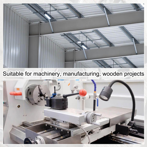 Interior of a workshop with lighting and machinery, suitable for machinery, manufacturing, and wooden projects.