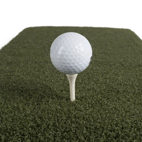 Heavy Duty Golf Practice Mat 10x30 Inch Hitting Strip For Indoor Outdoor Use with real tee and ball on realistic fairway surface.