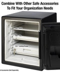 Locking Drawer Accessory With Multi Position Shelf For SFW082 And SFW123 Safes Keeps 0.8 And 1.2 Cu Ft Storage Organized Adds Privacy Includes Two Keys Heavy Duty Safe Interior Organizer shown inside open safe with three layers.