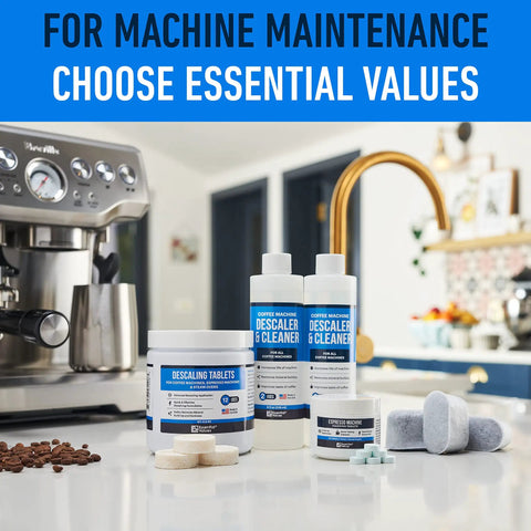Six Pack Water Filters For Breville Espresso Machines Replacement Filters With Activated Charcoal And Renewable Cotton displayed on kitchen counter with maintenance products and espresso machine in background.