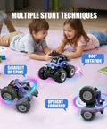 Kids playing with 1 18 Scale RC Monster Truck for Kids with 4WD Drive Music Mist Spray and LED Lights Dope 360 Spin Stunts